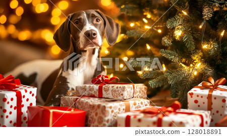 A German Shorthaired Pointer relaxing near a beautifully decorated Christmas tree with gifts A German Shorthaired Pointer relaxing near a beautifully decorated Christmas tree with gifts 128018891