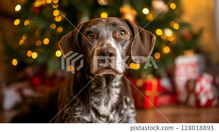 German Shorthaired Pointer poses in front of a beautifully decorated Christmas tree with gifts 128018893