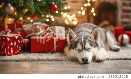 A sleepy husky resting near a beautifully decorated Christmas tree with presents all around 128018928