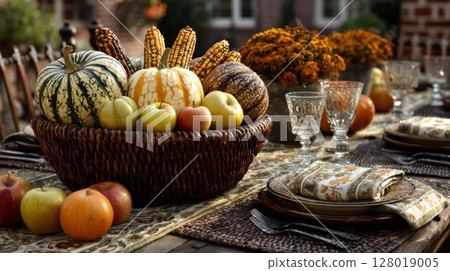 Autumn Harvest Table Setting with Pumpkins and Apples 128019005