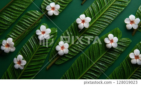 White Flowers and Green Leaves Pattern on Dark Green Background 128019023