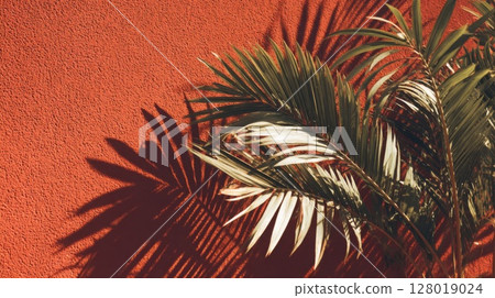 Palm Leaves Cast Shadow on Red Textured Wall 128019024