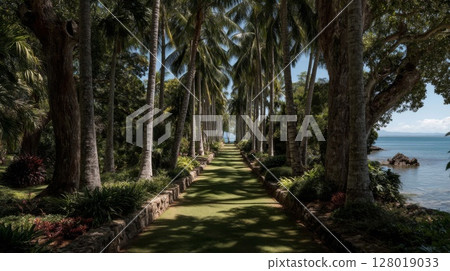 Sunlit Pathway Through Lush Tropical Garden Towards Ocean 128019033