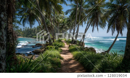 Coastal Path Through Lush Palm Trees Leading to a Turquoise Ocean 128019034