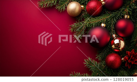 A vibrant holiday backdrop featuring evergreen branches adorned with shiny red and gold ornaments A vibrant holiday backdrop featuring evergreen branches adorned with shiny red and gold ornaments 128019055