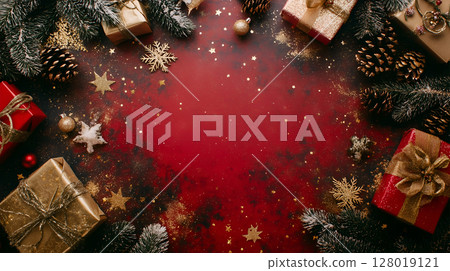 Festive Christmas background with gifts and decorations ready for personal messages Festive Christmas background with gifts and decorations ready for personal messages 128019121