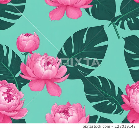 Seamless Pattern with Peonies and Banana Leaves. Perfect for textile design, wrapping paper 128019142