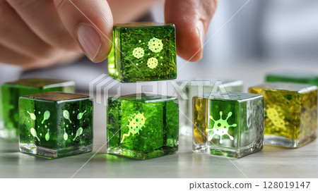 Green glass blocks with medical symbols are being arranged by hand, showcasing scientific Virology theme 128019147