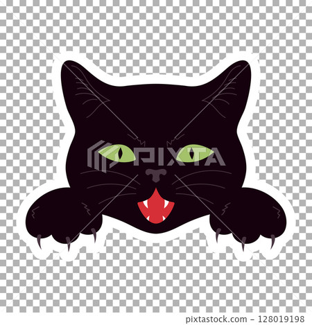 Attacking black cat face with fangs and sharp claws. Vampire cat sticker. Vector illustration 128019198