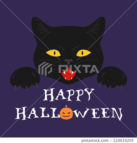 Halloween greeting card with black cat face with fangs and sharp claws. Vampire cat. Vector illustration 128019205