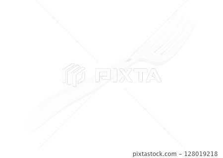 White plastic fork instant noodles on a white background 128019218