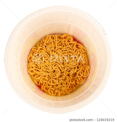 Instant noodle cup high angle on white background Instant noodle cup high angle on white background 128019219