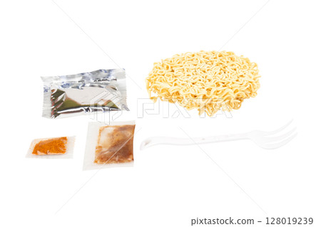 Cup of instant noodles, condiments, plastic forks on white background Cup of instant noodles, condiments, plastic forks on white background 128019239