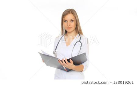 Young woman doctor with stethoscope and folder of documents on white background 128019261