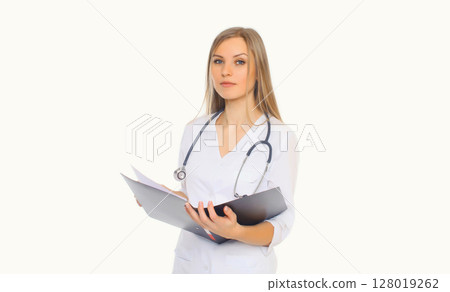 Young woman doctor with stethoscope and folder of documents on white background Young woman doctor with stethoscope and folder of documents on white background 128019262