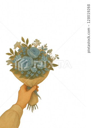 Blue bouquet illustration with white space on white background Generative AI 128019268