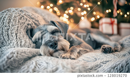 A miniature schnauzer peacefully resting by a beautifully decorated Christmas tree 128019270