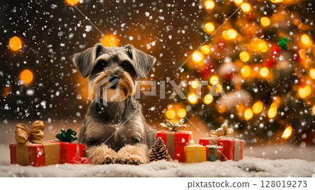 A Miniature Schnauzer rests among Christmas decorations and gifts by a beautifully lit tree A Miniature Schnauzer rests among Christmas decorations and gifts by a beautifully lit tree 128019273