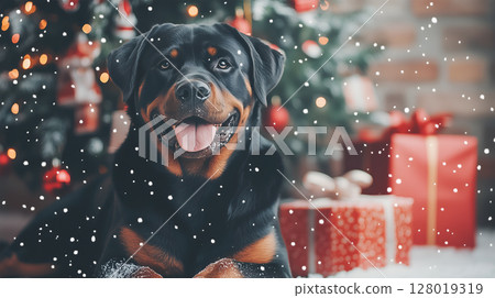 Rottweiler dog happily posed in front of a decorated Christmas tree with festive decorations 128019319