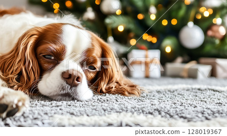 A sleepy spaniel beside a beautifully decorated Christmas tree and festive gifts 128019367