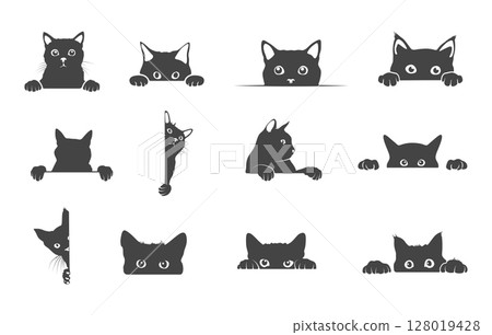 Cat peeking silhouette, Cat peeking svg, Black cat peeking svg, Black cat peeking vector, Cat peeking clipart. 128019428