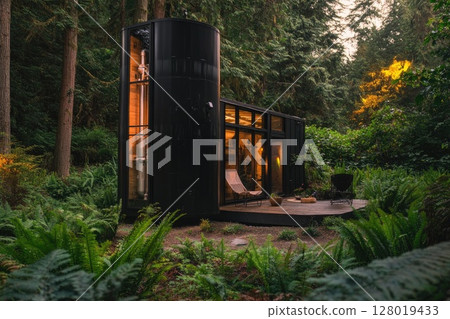 A small black house is nestled comfortably in the middle of a forest. AI-generated content. 128019433