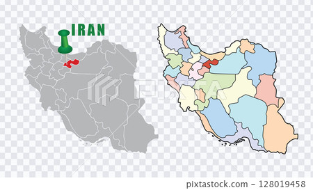 Iran Political Map with Colored Provinces and Location Marker Vector 128019458