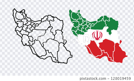 Map of Iran outline with national flag fill and colored province borders. 128019459
