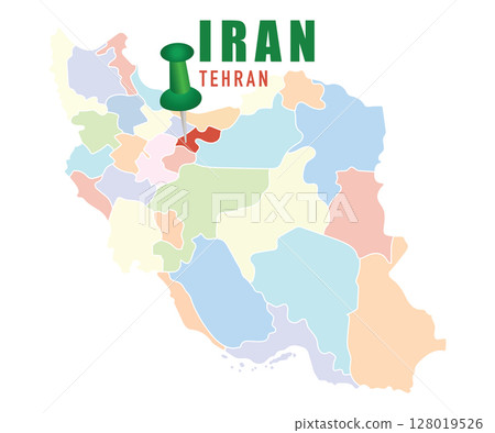 Map of Iran with colorful provinces and location pin on capital. 128019526
