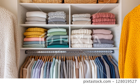 Organized autumn wardrobe featuring colorful sweaters and seasonal clothing collection 128019527