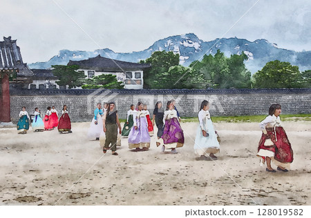 Tourists wearing rented traditional Korean dresses at Gyeongbokgung Palace in Seoul (illustration generated by AI from original image) 128019582