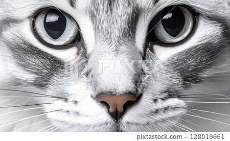 Close-up of a cat's face, monochrome, cool portrait image 128019661