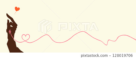 A man's hand tying the red thread of fate, horizontal, silhouette A man's hand tying the red thread of fate, horizontal, silhouette 128019706