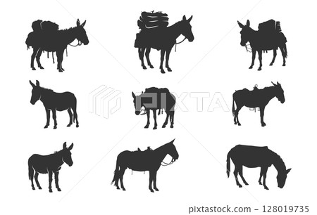 Pack mule silhouette, Mule silhouettes, Packed mule svg, Mule svg, Pack mule vector illustration 128019735