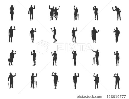 Waving hand silhouettes, People waving hand silhouettes, Man waving hand, Woman waving hand,  Person waving hand, Waving with hands silhouette 128019777