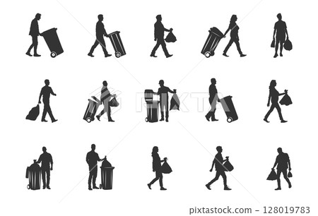 People throwing garbage silhouette, Man throwing garbage silhouette, People throwing garbage svg, Man throwing garbage svg, People throwing garbage vector illustration. 128019783