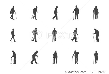 Old man with walking cane svg, Old man with cane silhouette, Old man with a stick svg, Old man with a stick silhouette, Old man svg, Old man silhouette 128019788