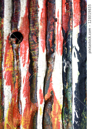 Thick Textured Lined Dirty Dried Scraped Paint in Different Colours Graffiti Overlap Cardboard Background 128019835