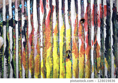 Thick Textured Lined Dirty Dried Scraped Paint in Different Colours Graffiti Overlap Cardboard Background Thick Textured Lined Dirty Dried Scraped Paint in Different Colours Graffiti Overlap Cardboard Background 128019836