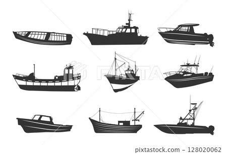 Fishing boat silhouette, Bass boat svg, Boat silhouette, Fishing boat svg, Bass boat silhouette, Fishing boat vector set. Fishing boat silhouette, Bass boat svg, Boat silhouette, Fishing boat svg, Bass boat silhouette, Fishing boat vector set. 128020062