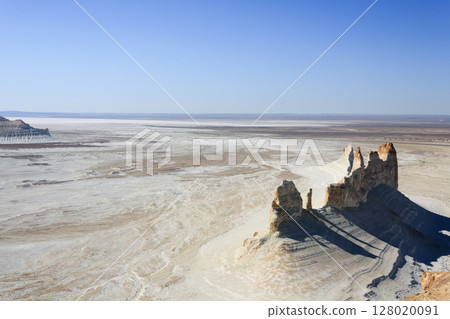 Stunning Mangystau landscape, Kazakhstan. Ak Orpa pinnacles aerial view, Bozzhira valley 128020091
