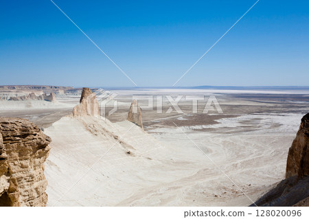 Stunning Mangystau landscape, Kazakhstan. Rock pinnacles view, Bozzhira valley 128020096