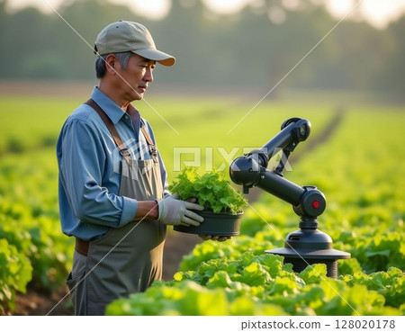 一名男子與人工智慧機器人一起在田間工作 一名男子與人工智慧機器人一起在田間工作 128020178