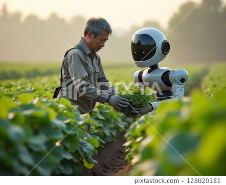 一名男子與人工智慧機器人一起在田間工作 128020181