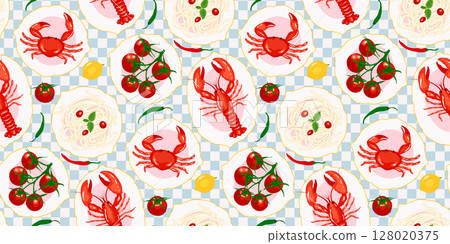 Seamless pattern lobsters, crabs, spaghetti, tomatoes, and peppers on a blue checkered background. Illustration food themed decorative design. Mediterranean summer vacation food creative wallpaper Seamless pattern lobsters, crabs, spaghetti, tomatoes, and peppers on a blue checkered background. Illustration food themed decorative design. Mediterranean summer vacation food creative wallpaper 128020375