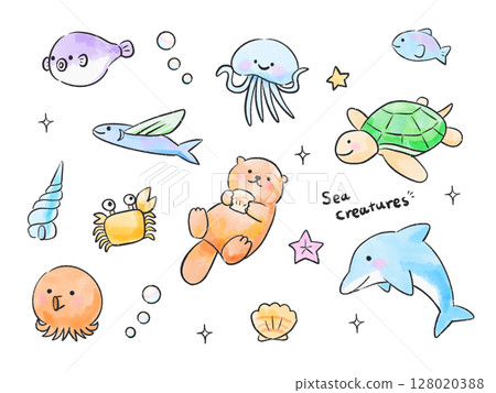 色彩繽紛的水彩海洋生物套裝 | 可愛的夏日人物素材 128020388