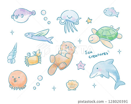 一組帶有淡淡水彩畫風格的海洋生物 | 可愛的夏日人物素材 128020391