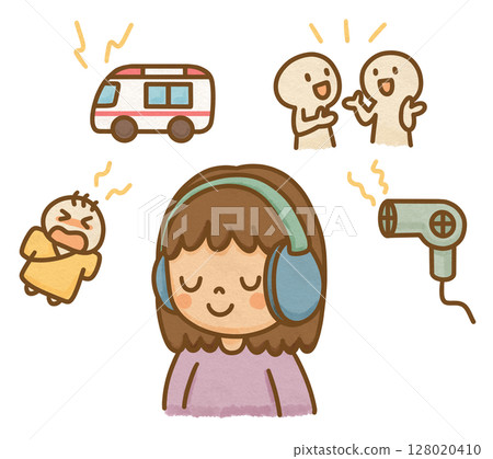 一位聽力受損的女孩在吵雜的環境中戴著耳罩，看起來很輕鬆 128020410