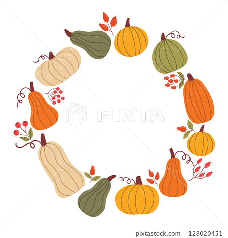 Cute autumn round frame or wreath with pumpkin and berry in cartoon flat style. 128020451