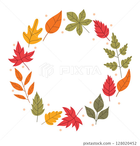 Cute autumn round frame or wreath with leaves and tiny dots in cartoon flat style. 128020452